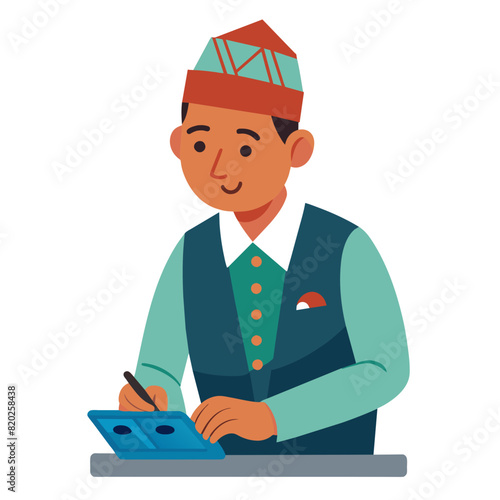  illustration of a  Nepali mid-aged man wearing Nepali daura suruwal coat and Nepali dhaka topi. He is  working on a calculator photo