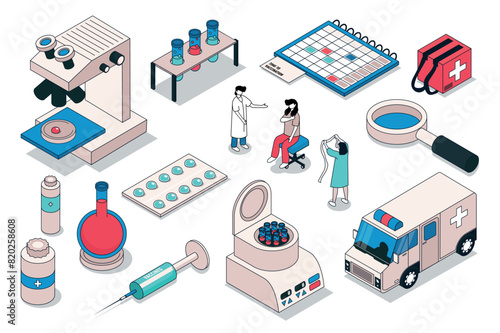 Vaccination 3d isometric mega set. Collection flat isometry elements and people of vaccine syringe, injection process, immunization calendar, laboratory virus research, ambulance. Vector illustration.