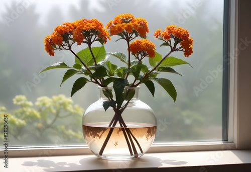 Dainty,  Lantana camara  flowers neatly arranged in a minimalist,  vase resting on a smooth,luminous window photo