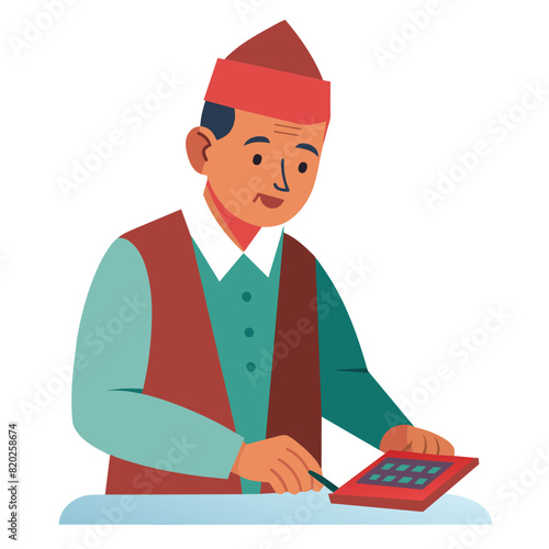  illustration of a  Nepali mid-aged man wearing Nepali daura suruwal coat and Nepali dhaka topi. He is  working on a calculator photo