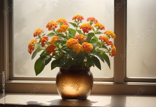 Wallpaper Mural Dainty,  Lantana camara  flowers neatly arranged in a minimalist,  vase resting on a smooth,luminous window Torontodigital.ca