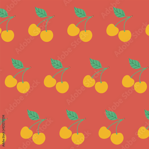  Seamless background with yellow cherries on a red background. Vector illustration.