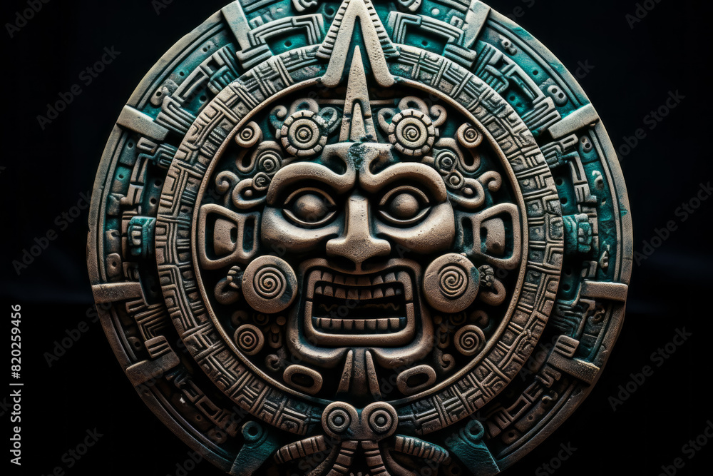 Naklejka premium A detailed image of a facial statue enclosed in a circular frame on a dark background, showcasing aspects of art, symmetry, and history