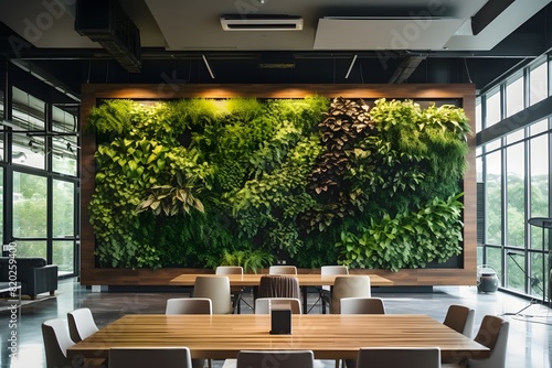 modern office with a green living wall filled with perennial plants