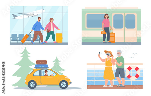 Different ways for people to travel. Traveling by plane, by train, by ship and by car. Tourist characters set. Summer vocation concept vector illustrations isolated on white background.