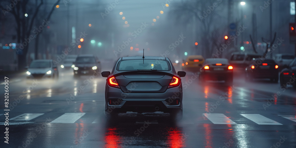 Gray car driving along a foggy city street in rainy weather Gray car driving along a foggy city street in rainy weather
