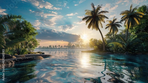 A beautiful tropical scene with a large body of water and palm trees. The water is calm and the sky is a mix of blue and white clouds. The sun is setting  casting a warm glow over the scene