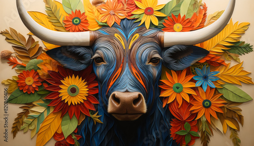 An artwork depicting a bull among a backdrop of colorful flowers and lush foliage, beautifully capturing the essence of nature and its vibrant hues