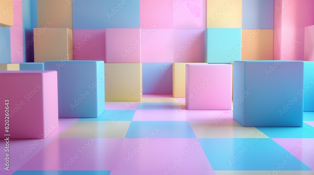 A vibrant geometric mosaic featuring 3D square tiles in pink, blue, and yellow, captured in a minimalist studio setting with soft, even lighting highlighting the pattern. A vibrant geometric mosaic featuring 3D square tiles in pink, blue, and yellow, captured in a minimalist studio setting with soft, even lighting highlighting the pattern.