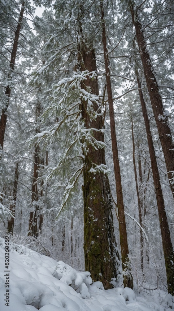 Fototapeta premium Serene, snow-covered forest captured, where tall trees with thick trunks stand majestically. Branches, laden with fresh snow, create peaceful, silent atmosphere. Ground blanketed in white.