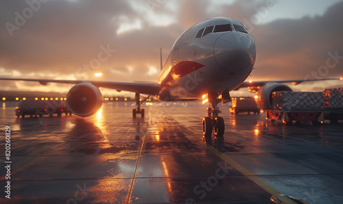 Sunset View of Airplane on Wet Tarmac.