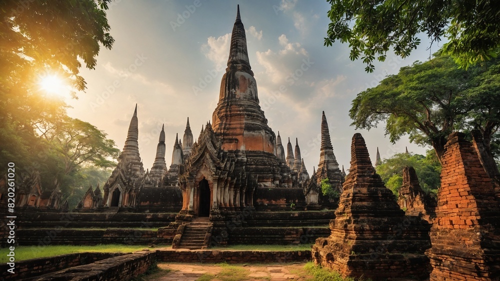 Fototapeta premium Sunlight filters through trees, casting soft glow on ancient temple complex. Structures, adorned with intricate designs, towering spires, stand majestically amidst lush greenery.
