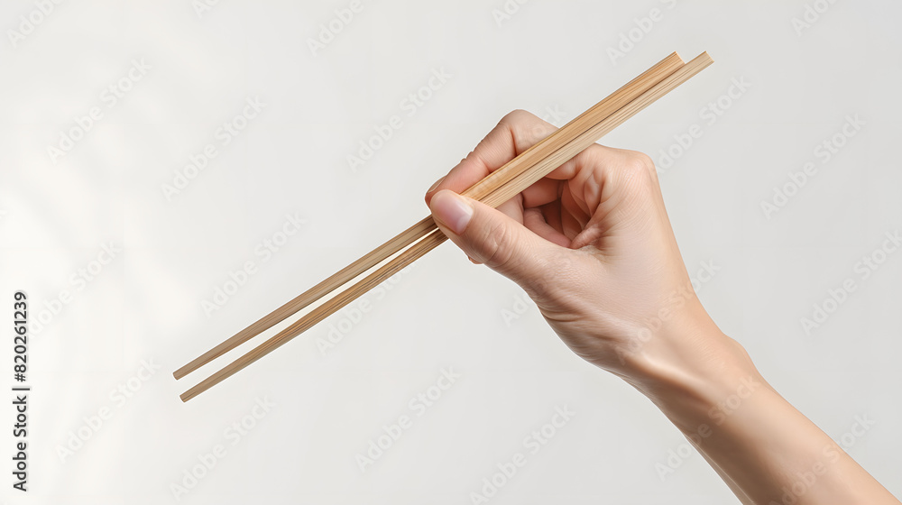 A hand holding wooden chopsticks isolated on a plain background AI A hand holding wooden chopsticks isolated on a plain background AI
