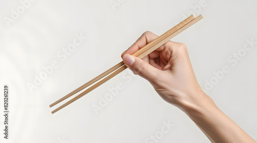A hand holding wooden chopsticks isolated on a plain background AI
