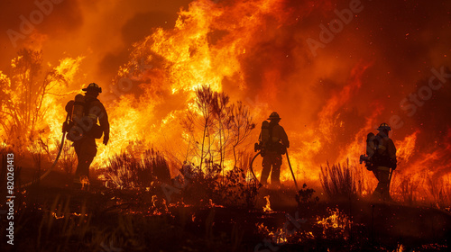 Group of Firefighters Standing in Front of a Fire © mattegg