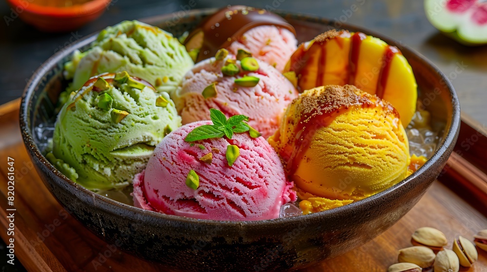 Ice cream in a bowl with nuts and other toppings. Ice cream in a bowl with nuts and other toppings.