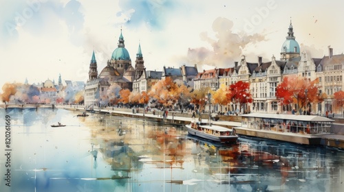 Historic Watercolor Cityscape with River and Boats, Watercolor painting of historic cityscape featuring famous landmarks,