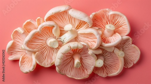 Fresh Coral Mushrooms on Pink Background, Top View, Minimalist Composition, Organic Edible Fungi, Isolated Cluster, Copy Space