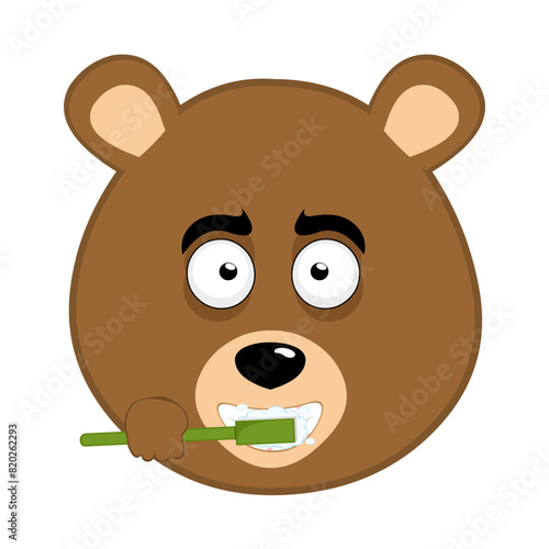vector illustration face brown grizzly bear cartoon brushing his teeth with a toothbrush