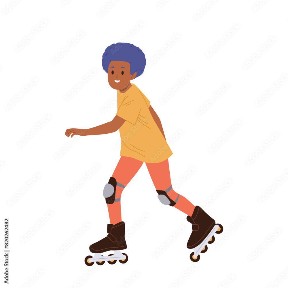 Excited teenage boy cartoon character enjoying speed riding roller skates outdoors isolated on white