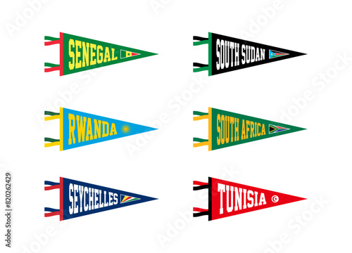 Vector set sport pennants of countries in Africa. Senegal, South Sudan, Rwanda, South Africa, Seychelles, Tunisia