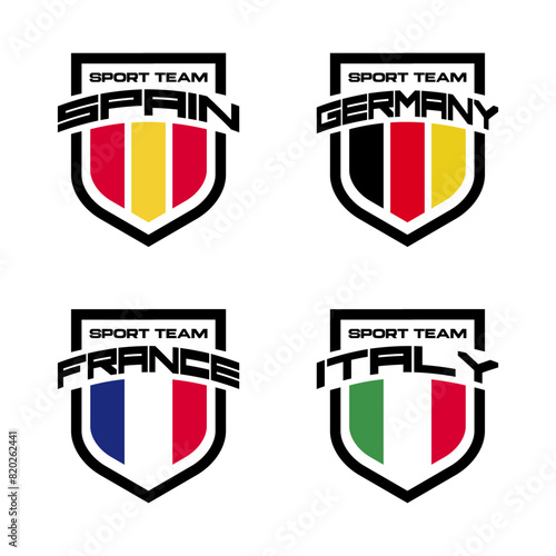Vector set of sport logo with national teams. Football sings for tournament isolated on white background. Spain, France, Italy, Germany.