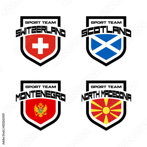 Vector set of sport logo with national teams. Football sings for tournament isolated on white background. Switzerland, Scotland, Montenegro, North Macedonia.