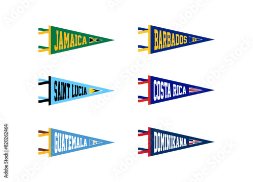 Vector set sport pennants of countries in North America. Jamaica, Barbados, Saint Lucia, Costa Rica, Guatemala, Dominikana