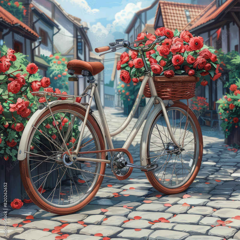 A simple, isometric anime style rendered as vector art using a low poly design technique A vintage bicycle with a basket overflowing with a variety of realistic flowers in full blo