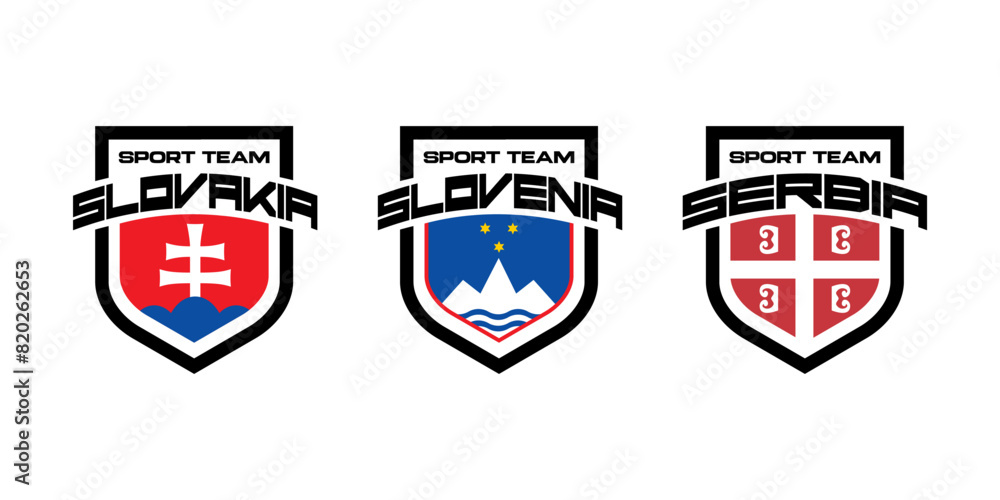 Set vector sport logo with national teams Slovakia, Slovenia, Serbia. Football sings for tournament isolated on white background. 