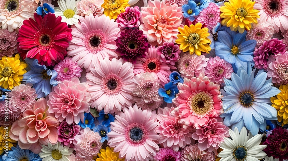 A colorful bouquet of flowers with a variety of colors including pink, blue
