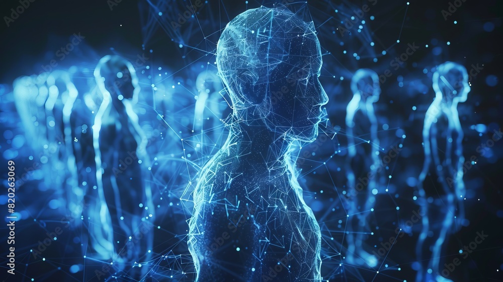 A group of people are depicted in a blue and white image with a futuristic feel A group of people are depicted in a blue and white image with a futuristic feel