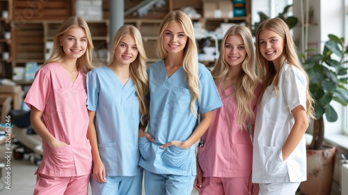 Fashionable healthcare workers displaying modern medical attire in vibrant scrubs photo