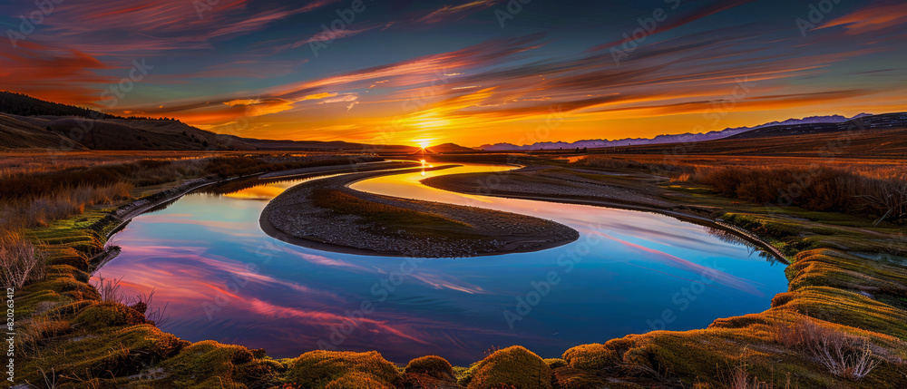 Award Winning national geographic Leading line, a single, winding river reflects a vibrant sunset, creating a mirrored landscape of swirling colors whimsical, background with the f Award Winning national geographic Leading line, a single, winding river reflects a vibrant sunset, creating a mirrored landscape of swirling colors whimsical, background with the f