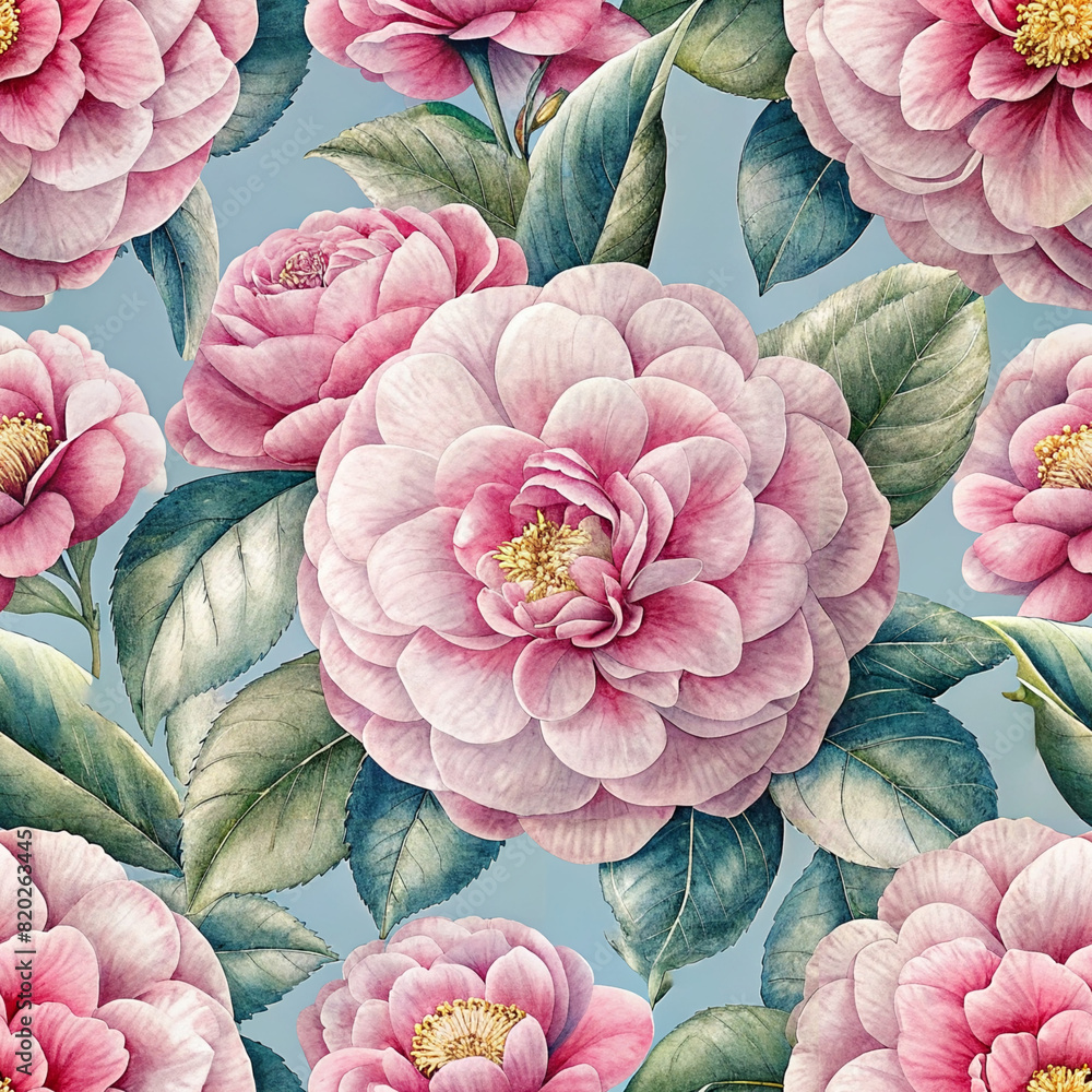 custom made wallpaper toronto digitalSoft pink camellia flowers with leaves on a gentle blue background create a lovely, calming seamless pattern