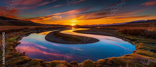 Award Winning national geographic Leading line, a single, winding river reflects a vibrant sunset, creating a mirrored landscape of swirling colors whimsical, background with the f