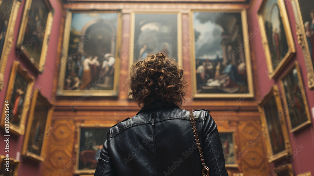 Woman Observing Renaissance Painting in Museum Woman Observing Renaissance Painting in Museum