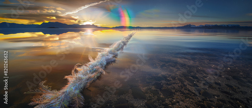 Award Winning national geographic Leading line, a trail of iridescent feathers stretches towards a shimmering lake reflecting a rainbow sunset whimsical, background with a suggesti photo