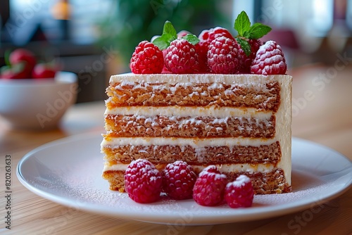 A slice of cake with raspberries on top.