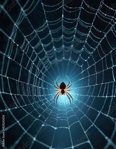 A solitary spider centers on a dew-kissed spider web, radiating with symmetry against a dark, mysterious background