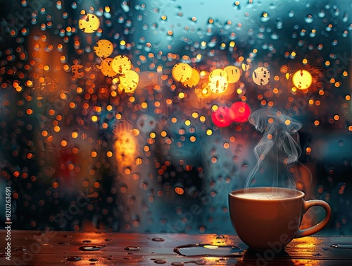 A cozy  dimly lit caf     on a rainy evening  with steam rising from a cup of coffee on a wooden table by the window  evoking warmth and comfort. The lighting is warm  