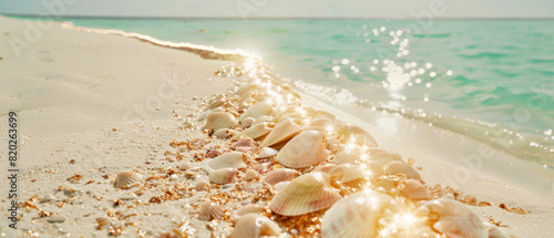 Award Winning national geographic Leading line, a trail of shimmering seashells winds along a pristine beach, glowing with an inner light whimsical, background with a turquoise oce photo