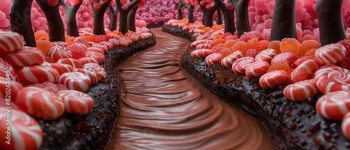 Award Winning national geographic Leading line, a winding chocolate river flows through a whimsical candy forest, lollipop trees lining its banks High Quality, High Clarity, Sharp photo