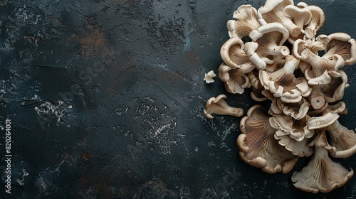 Top View of Fresh Maitake Mushrooms on Dark Rustic Background, Organic Natural Texture with Copyspace, Ideal for Culinary and Health Content, Perfect for Recipe Blogs and Food Photography photo