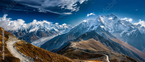 Award Winning national geographic Leading line, a winding mountain path ascends towards a breathtaking, whimsical, ist vista of snow capped peaks and a vast blue sky High Quality, photo