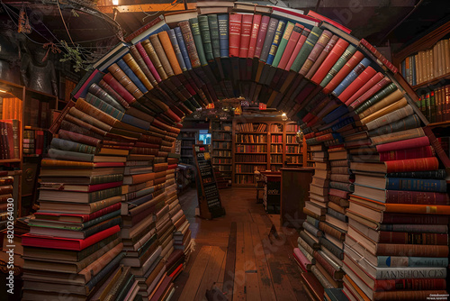 an archway made of stacked books in various sizes and colors  set in a cozy bookstore with soft  warm lighting  creating an inviting atmosphere. The books    spines display a range of unreadable titles