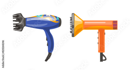 Professional hair dryer with brush nozzle diffuser attachment for volume hairdressing isolated set