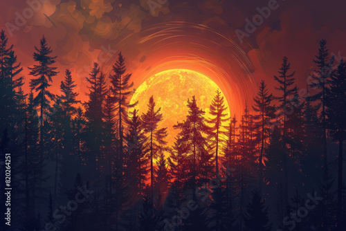 A painting of a forest with a large sun in the background