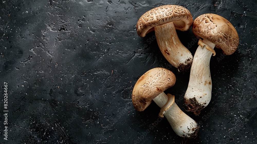 Top View of Fresh Matsutake Mushrooms on Dark Textured Background, Organic Natural Texture with Copyspace, Ideal for Culinary and Health Content, Perfect for Recipe Blogs and Food Photography Top View of Fresh Matsutake Mushrooms on Dark Textured Background, Organic Natural Texture with Copyspace, Ideal for Culinary and Health Content, Perfect for Recipe Blogs and Food Photography