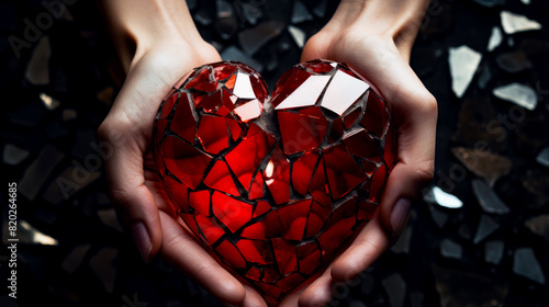 Womans hands are holding a red broken glass heart. A shattered heart symbolizing heartbreak, broken relationship and emotional pain. Concept of lost love or betrayal.
